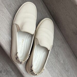 Cole Haan Cream Leather GrandPro Slip-On Loafers with Snakeskin Heel Accent
